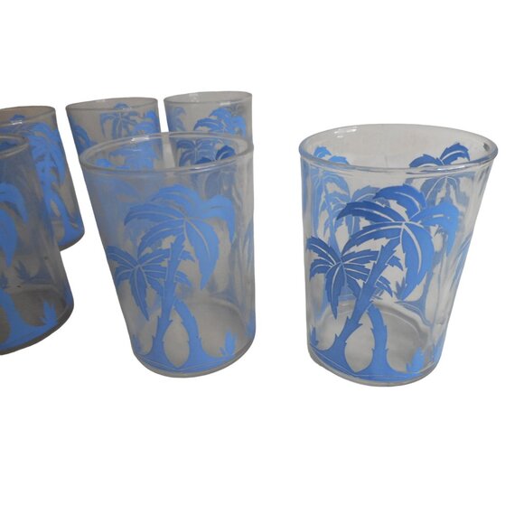 Lot of 6 Vintage Hazel Atlas Blue Palm Tree 3.5"  Glasses Swanky Swigs - Picture 2 of 3